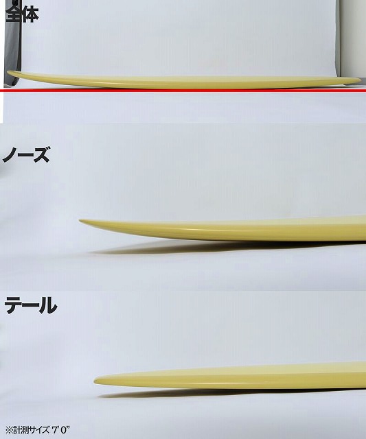 a-K5xItQDQ - SHOP NEWS | ムラサキスポーツオンラインストア 通販 Yellow surfboard shown in three labeled sections (Whole, Nose, Tail) with a note: 7'0" measurement.