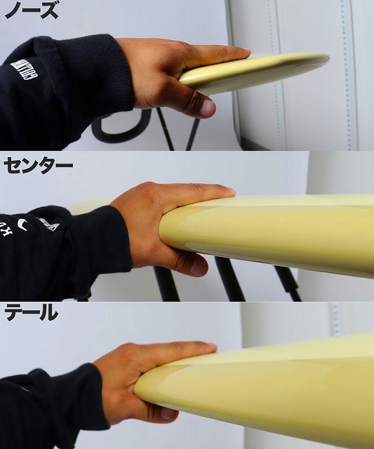 a-VQHJpKfQ - SHOP NEWS | ムラサキスポーツオンラインストア 通販 Three-panel image showing a hand gripping a yellow surfboard at the nose, center, and tail sections, with Japanese labels (ノーズ, センター, テール).