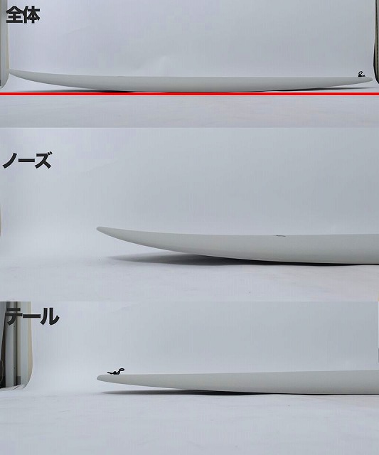 a-fVMb50Ww - SHOP NEWS | ムラサキスポーツオンラインストア 通販 Three side views of a white surfboard shown in a white studio, labeled in Japanese: 全体 (overall), ノーズ (nose), and テール (tail).