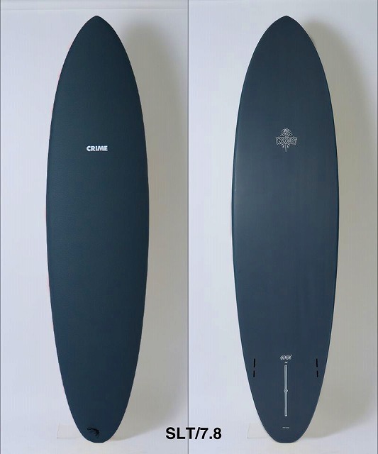 a-pGD5rSgw - SHOP NEWS | ムラサキスポーツオンラインストア 通販 Two dark surfboards shown side by side: the left is a front view with a small 'CRIME' logo, the right is a back view with a crest logo and a centered fin box; model text 'SLT7.8' appears at the bottom.