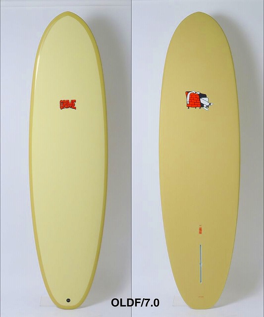 a-t3hGdWnw - SHOP NEWS | ムラサキスポーツオンラインストア 通販 Two yellow surfboards shown side by side, front and back views, with small graphics near the middle and a model label at the bottom reading OLDFF/7.0 (left front, right back).