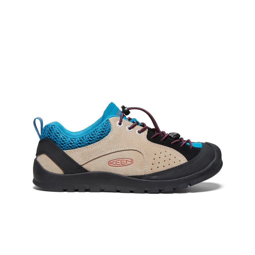 Beige KEEN hiking shoe with teal mesh collar, black toe cap, and lace-up design shown in side view.