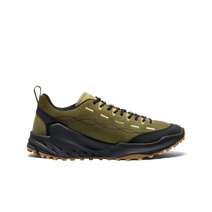 Olive green hiking sneaker with black accents, laces, and a rugged gum outsole.