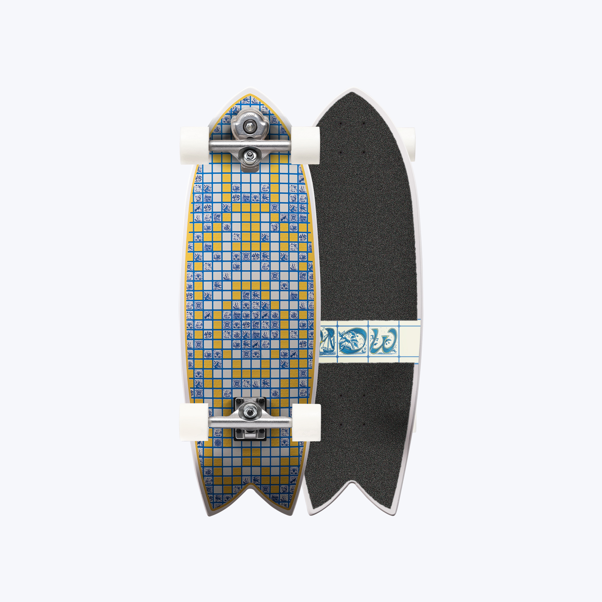 Close-up of two longboard decks with metal trucks and white wheels; left deck has a blue mosaic pattern, right deck has black grip tape.