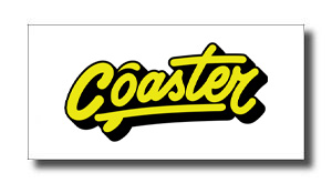 Logo reading 'Coaster' in yellow script with a black outline on a white background, a brand wordmark clearly visible.