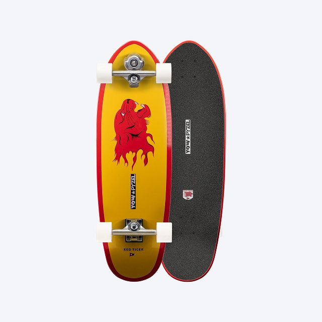 Two-sided skateboard: yellow underside with a red tiger graphic on the left and a black grip-tape deck on the right with red edging.