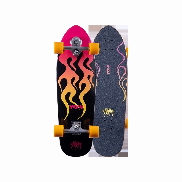 Two skateboards with flame-graphic decks and yellow wheels, placed side by side.
