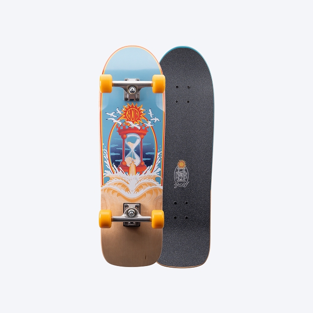 Two skateboards standing upright side by side: a colorful deck with ocean graphic, yellow wheels, and orange trucks on the left, and a black grip-taped deck on the right.