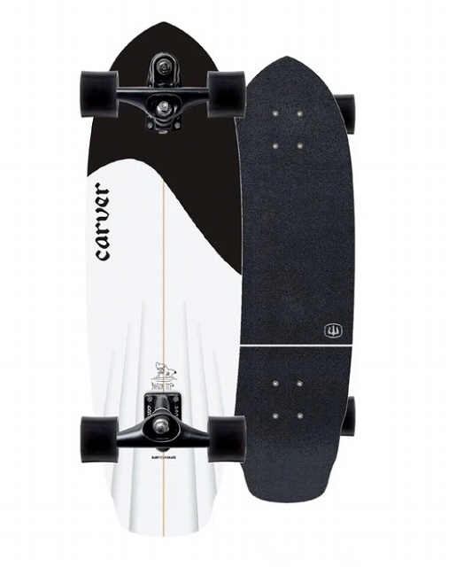 Side-by-side view of two longboards: a white Carver deck with orange string and black trucks on the left, and a dark grip-taped deck with wheels on the right.