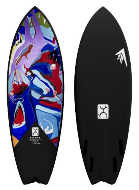 Pair of surfboards shown from the top: the left board has a colorful abstract artwork on the deck with a small logo near the tail; the right board is solid black with a white logo and fin-box slots.