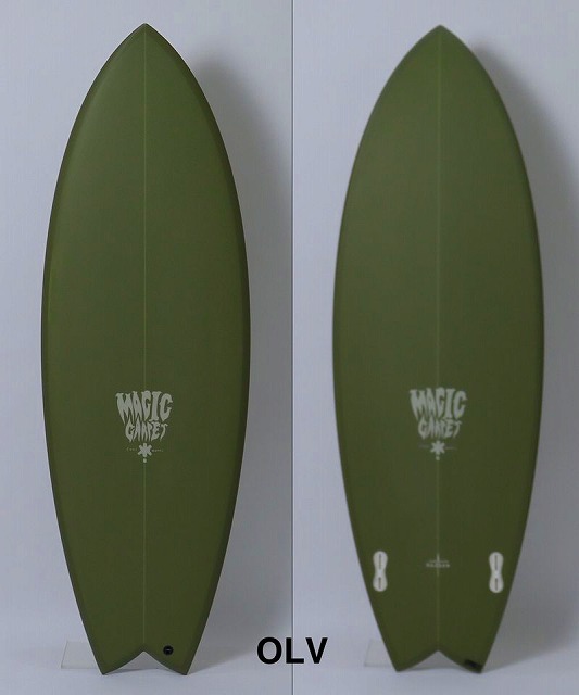 Two olive-green surfboards stand upright side by side, each with a white 'Magic' logo along the centerline.