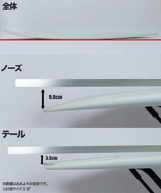 Diagram of a long board with labeled sections: 全体 (overall), ノーズ (nose) 9.0 cm, テール (tail) 3.5 cm.