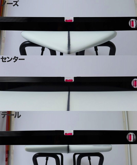 Three-panel image of a white bicycle saddle mounted on a black measurement bar with pink markers, labeled in Japanese as Nose (ノーズ), Center (センター), and Tail (テール).