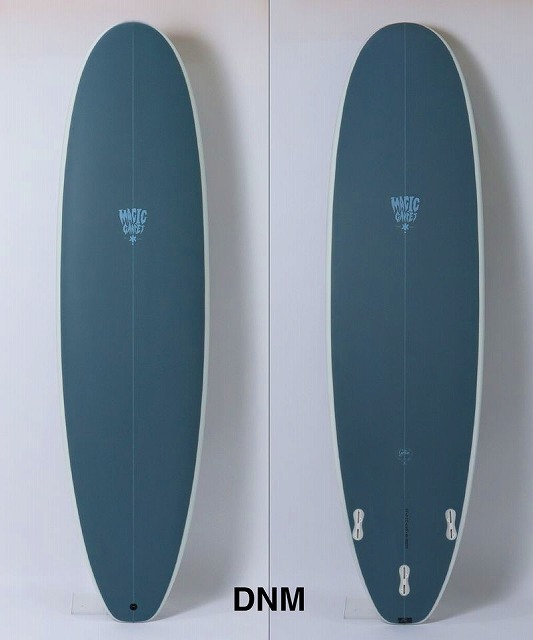 Two blue surfboards with white rails stand upright against a light wall; center features a small logo.
