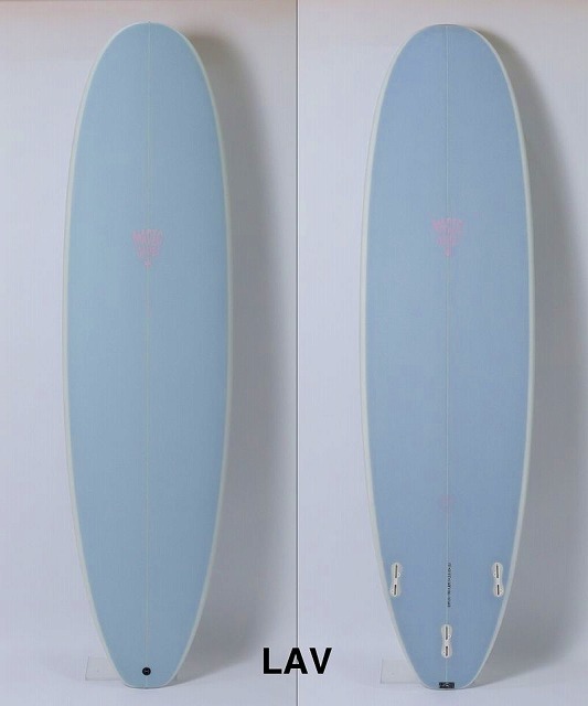 Pair of light-blue surfboards standing upright against a white wall; rounded noses, white rails, small pink logo center.