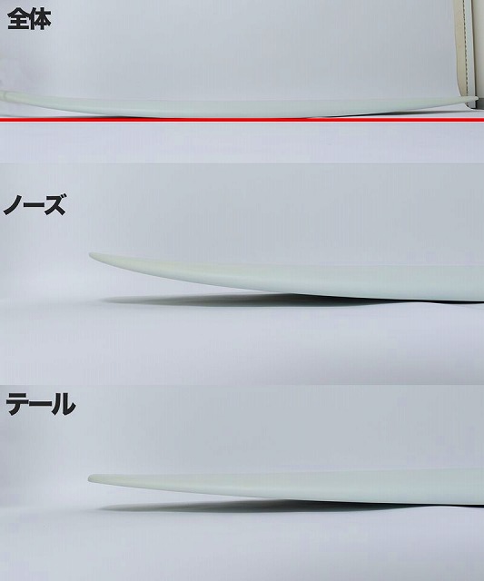 白い薄いプレートのサンプルが三段で並ぶ。上は全体、中央はノーズ、下はテールと各セクションに日本語のラベルがあり、区切りに赤いラインが見える。