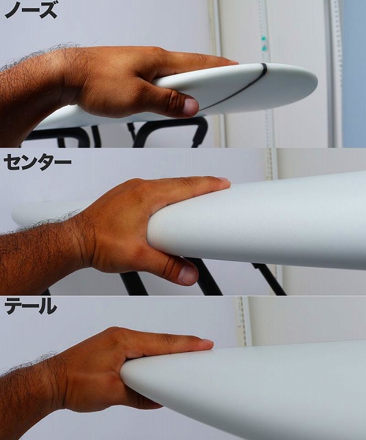 Hand gripping a white surfboard at the nose, center, and tail, with Japanese labels ノーズ, センター, テール