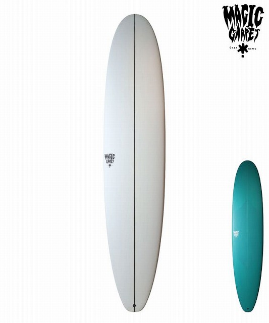 White longboard surfboard centered, teal shortboard to the right, with Magic Carpet branding in the corner.