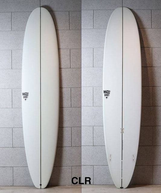 Two white surfboards leaning upright against a tiled wall, shown side by side with a central seam line on each board. CLR text at the bottom.