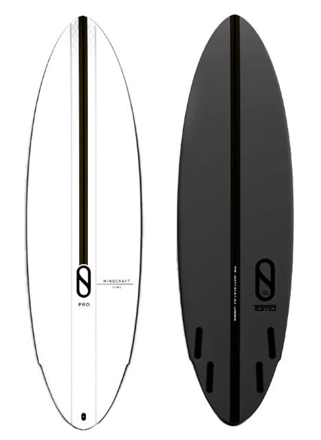 Two surfboards displayed upright side by side: the left board is white with a brown center stringer and MindCraft branding; the right board is dark gray with a black center stringer and three fin slots visible.