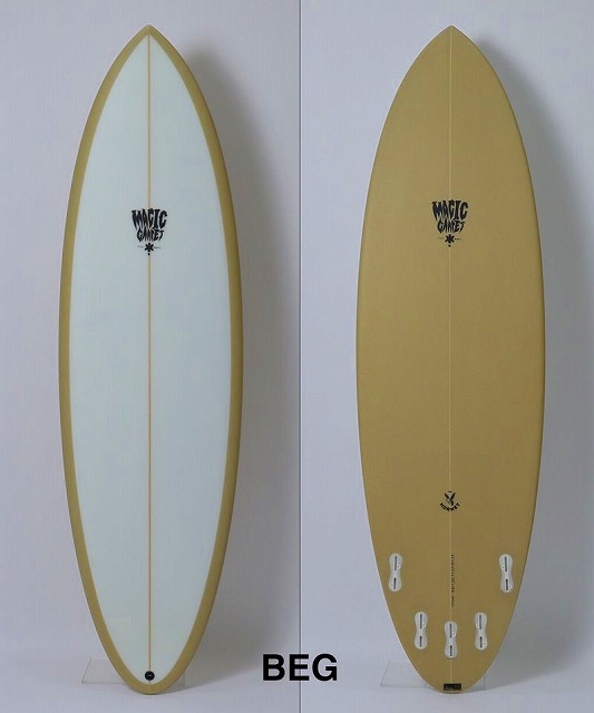 Two beginner surfboards shown upright against a wall: left is light blue with tan rails, right is a solid tan board with fins along the tail; BEG caption below.
