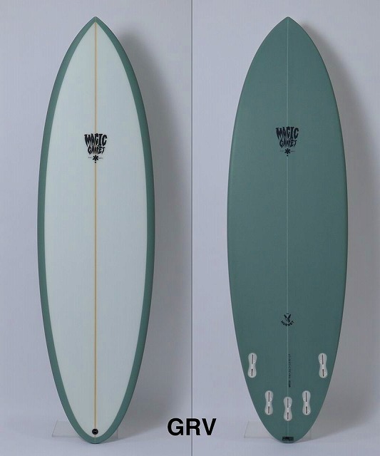 Two surfboards standing upright side by side: left is white with a green edge and a yellow stringer, right is solid teal with multiple fins on the bottom; GRV text at bottom center.