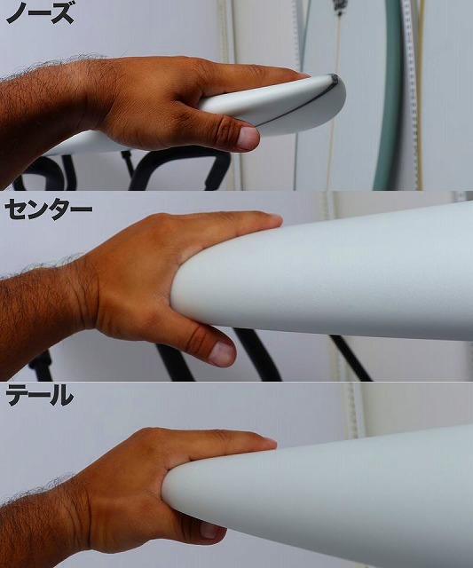 Hand gripping the front (nose) of a surfboard, with the label ノーズ above.