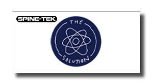 Spine-Tek logo on a white banner beside a blue circular emblem featuring an atom symbol and the words 'THE SOLUTION'.