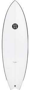 White surfboard with a vertical stringer and a centered black circular logo, shown upright from tip to tail.