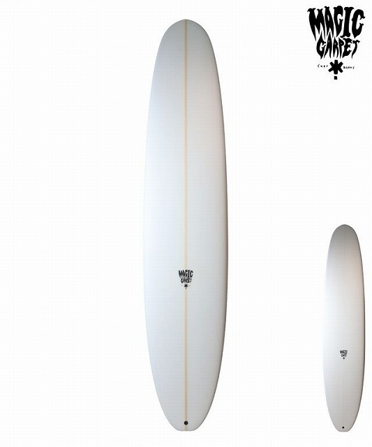 Two white surfboards on a white background, a larger board centered left with a tan stringer and a smaller board on the right; both have small black branding logos near the tail.