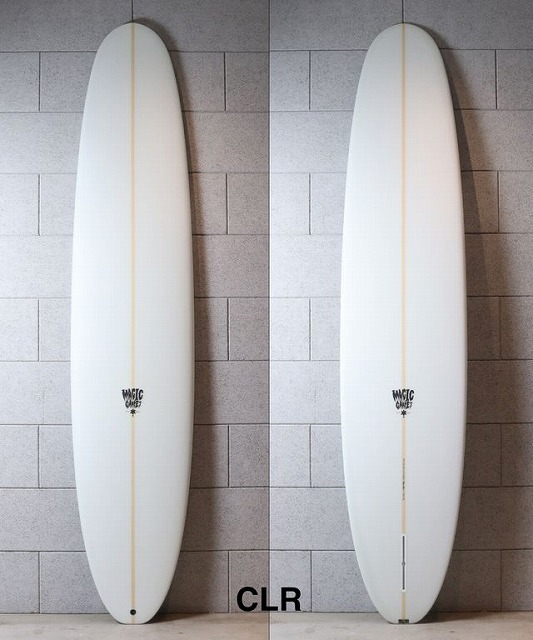 Two white surfboards with yellow center stringers stand upright against a gray tiled wall, shown from the front.