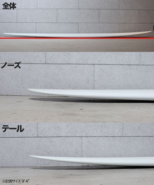 Three horizontal surfboards shown with Japanese labels: 'Overview', 'Nose', and 'Tail', illustrating a 9'4" board length and profiles.