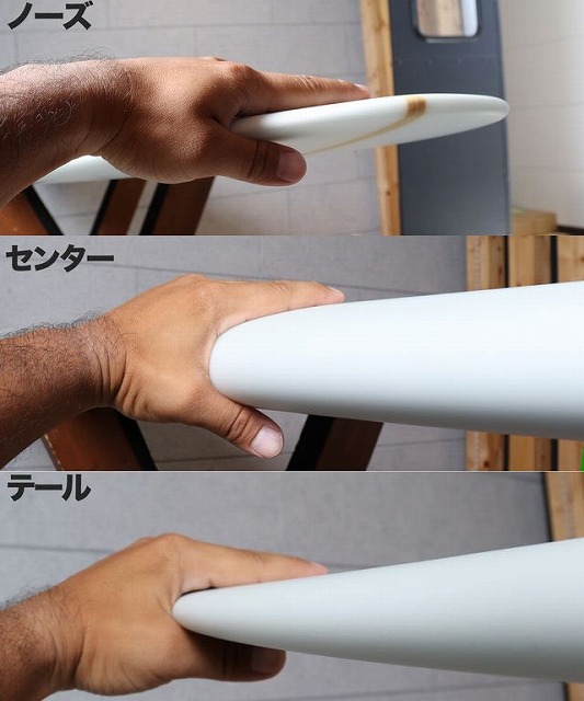 Hand gripping a white surfboard at the nose, center, and tail sections, with Japanese labels ノーズ (nose), センター (center), テール (tail)