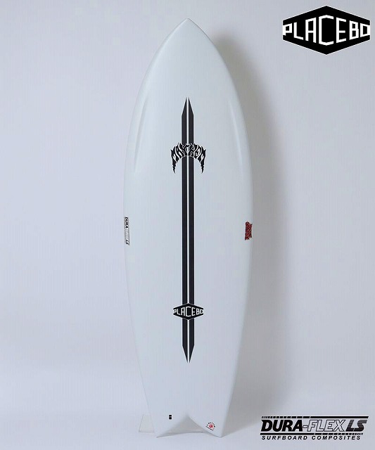 White surfboard standing upright against a pale background, featuring a bold black vertical centerline and Placebo branding with Dura-Flex logo visible on the lower portion and lower-right corner.