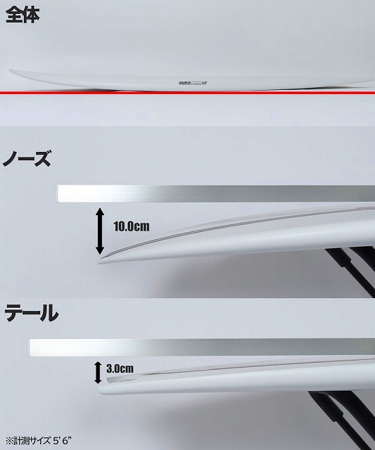 Diagram of a white board showing nose and tail sections with dimensions: nose height 10.0 cm and tail height 3.0 cm; labels read 全体 (overall), ノーズ (nose), テール (tail).