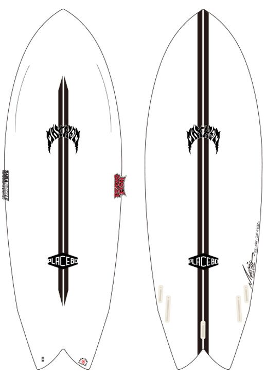 Two white surfboards with a bold black vertical sword graphic down the center, logo 'PLACEBO' near the tail; left board has a small red tag.