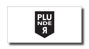 PLUNDER brand logo on a white background featuring a black shield with stacked white letters.