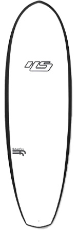 White surfboard with a black edge, featuring a centered 'JS' logo and a small logo near the lower left edge.
