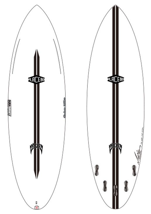 Two white surfboards with a vertical black center stripe and the word Placebo; the right board shows multiple fins along the bottom.