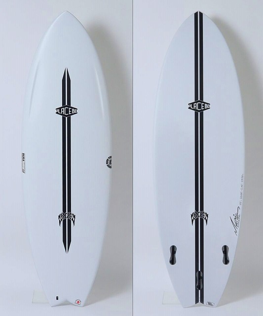 Two white surfboards upright, each with a central black vertical stripe and brand logo, against a plain background.