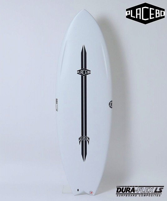 White surfboard with a centered black vertical stripe and Placebo logo midboard, with a Dura-Flex badge near the tail.