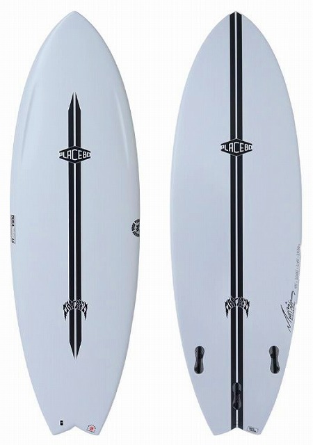 Two light-blue surfboards with a bold centered black stripe and brand logos, shown side by side.