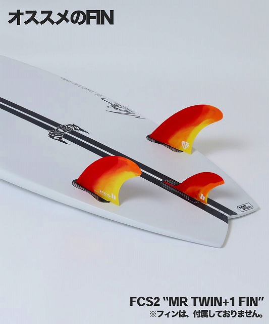 Surfboard with bright orange fins on a white background; Japanese text 'オススメのFIN' at top left and 'FCS2 MR TWIN+1 FIN' at the bottom right.