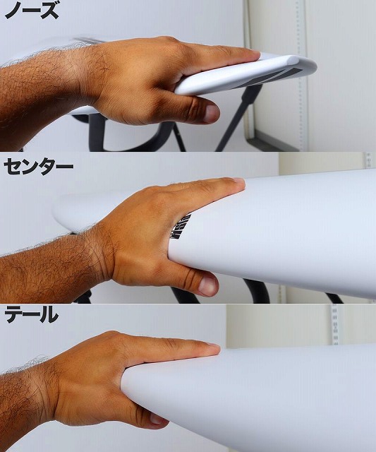 Three-panel sequence showing a hand gripping a white board from the nose, the center, and the tail.