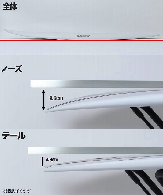 Diagram of a snowboard showing overall, nose, and tail sections with measurements: nose height 9.6 cm and tail height 4.6 cm (labels in Japanese for overall, nose, and tail).