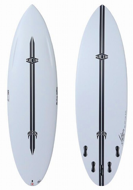 Two light-blue surfboards with a black vertical stripe and logos; the right board shows multiple fins attached.