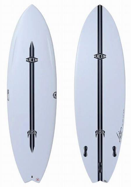 Two white surfboards with a bold black center stripe and logos, shown side-by-side (left: side view; right: bottom/fin view with two fins).