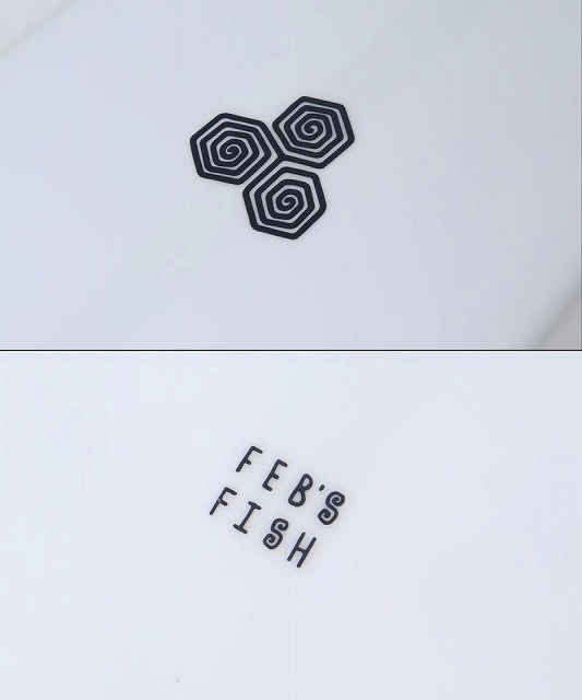 Brand logo: three black hexagonal spiral icons above, with 'FEB'S FISH' arranged diagonally below on a white background.