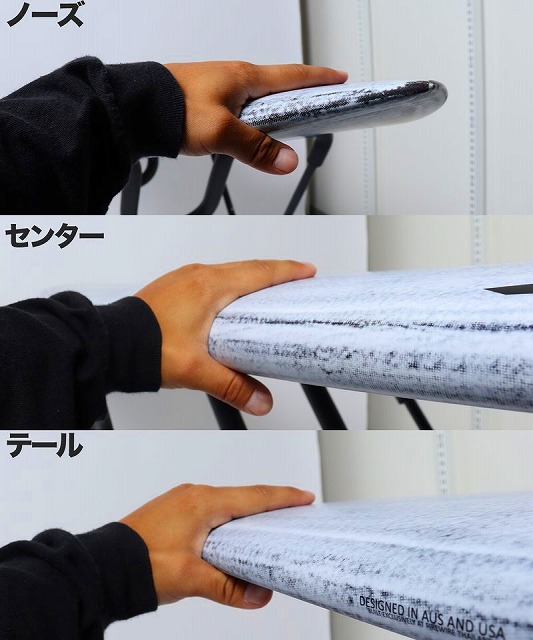 Hand gripping the nose of a surfboard, with the Japanese label ノーズ in the top-left corner.