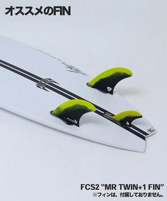 White surfboard with neon green FCS2 fins attached, set against a light background; text shows 'MR TWIN+1 FIN' and Japanese notes about recommended fins (fins not included).